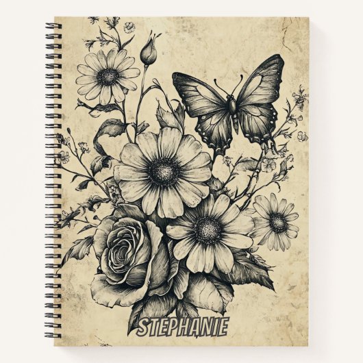 Rustikale Blume und Schmetterlinge - Altpapier (6) Notizblock (Vorderseite)