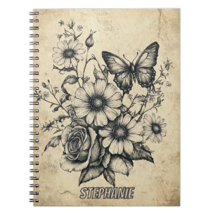 Rustikale Blume und Schmetterlinge - Altpapier (6) Notizblock