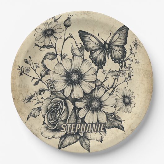 Rustikale Blume und Schmetterlinge - Altpapier (6) Pappteller (Vorderseite)