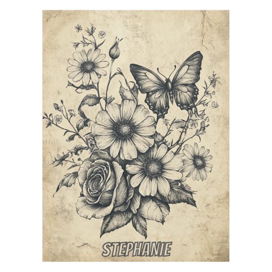 Rustikale Blume und Schmetterlinge - Altpapier (6) Tischdecke (Vorderseite)