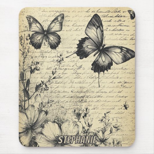 Rustikale Blume und Schmetterlinge - Altpapier (7) Mousepad (Vorne)