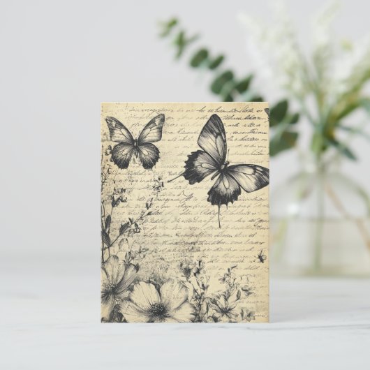 Rustikale Blume und Schmetterlinge - Altpapier (7) Postkarte (Stehend Vorderseite)