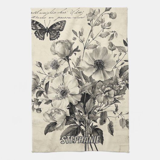 Rustikale Blume und Schmetterlinge - Altpapier (8) Geschirrtuch (Vertikal)