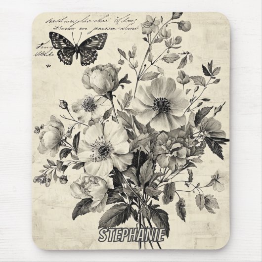 Rustikale Blume und Schmetterlinge - Altpapier (8) Mousepad (Vorne)