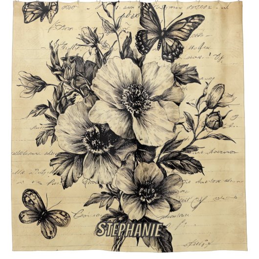 Rustikale Blume und Schmetterlinge - Altpapier (9) Duschvorhang (Vorderseite)
