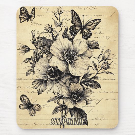 Rustikale Blume und Schmetterlinge - Altpapier (9) Mousepad (Vorne)