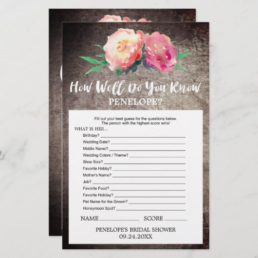 Rustikale Blume, wie gut Sie das Bride-Spiel kenne (Vorne/Hinten)