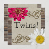 Rustikale Blume Wood Twin Baby Dusche Einladung (Vorne/Hinten)