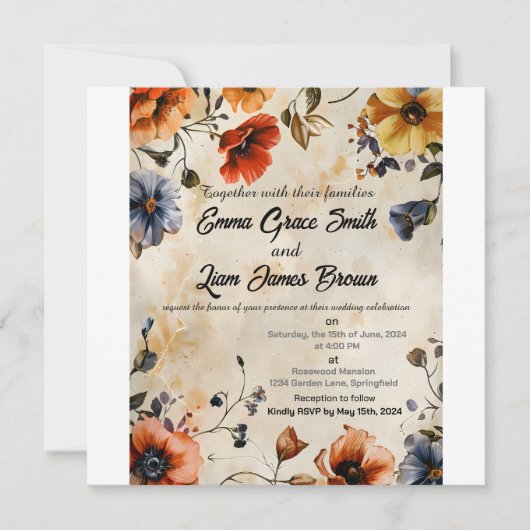 Rustikale Blumen boho farbenfrohe Hochzeitseinladu (Vorderseite)