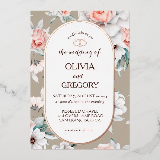 Rustikale Blumen Gold Oval Rahmen Hochzeit Folieneinladung (Vorderseite)