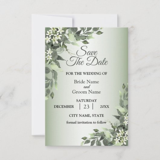 Rustikale Blumen Grüne Eukalyptusblätter Save The Date (Vorderseite)