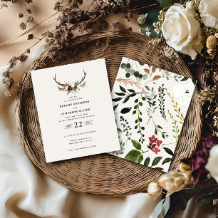 Rustikale Blumen-Hirsch-Geweih-Hochzeitseinladung 