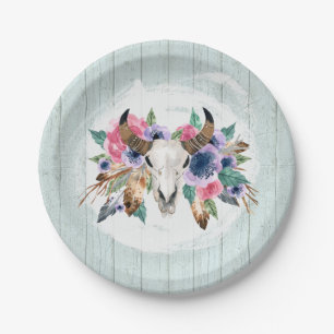Rustikale Blumen-Kuh-Schädel-Wasserfarbe Boho-Hoch Pappteller