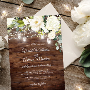 Rustikale Blumen-Lichterkette Hochzeit Einladung