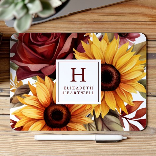 Rustikale Blumen-Sonnenblumen-Bordüre Monogramm Mousepad