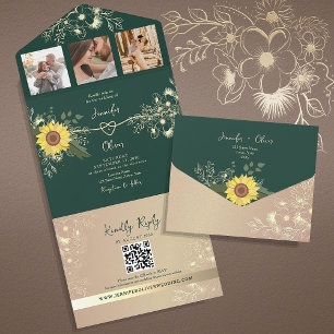 Rustikale Blumen-Sonnenblumen-Hochzeit in Smaragdg All In One Einladung