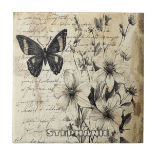 Rustikale Blumen und Schmetterling - gealtertes Pa Fliese