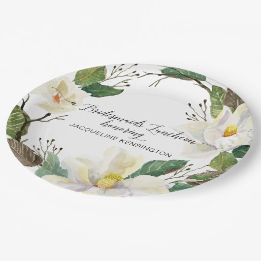 Rustikale Blumenblätterung Weißer Magnolia Wasserf Pappteller (Schrägansicht)