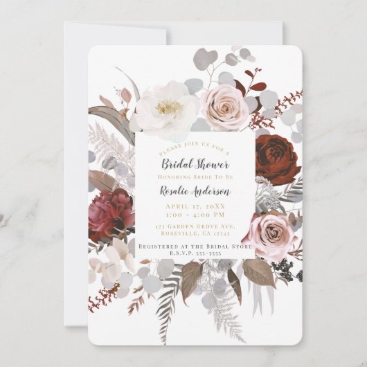 Rustikale Blumenblüten Blush Grau Rotes Brautparty Einladung (Vorderseite)