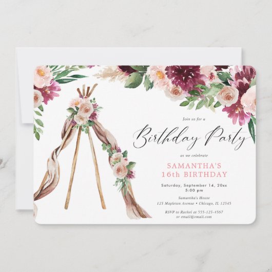 Rustikale Blumenböhmische Geburtstagsparty Einladung (Vorderseite)