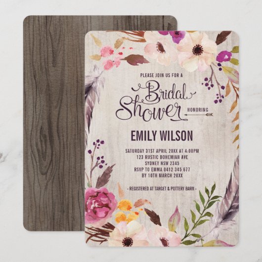 Rustikale Blumendusche Einladung Boho Party (Vorne/Hinten)