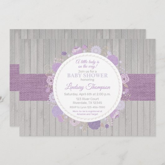 Rustikale Blumendusche Lila Babydusche Einladung (Vorne/Hinten)