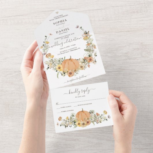 Rustikale Blumenernte Fall Pumpkin Hochzeit All In One Einladung (Abreißen)
