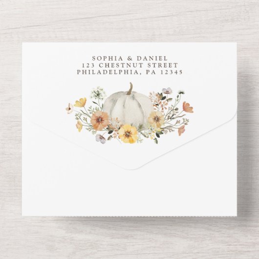 Rustikale Blumenernte fallen Pumpkin Hochzeit in All In One Einladung (Rückseite)