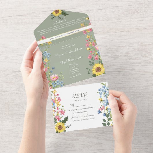 Rustikale blumenfarbene Hochzeit All In One Einladung (Abreißen)