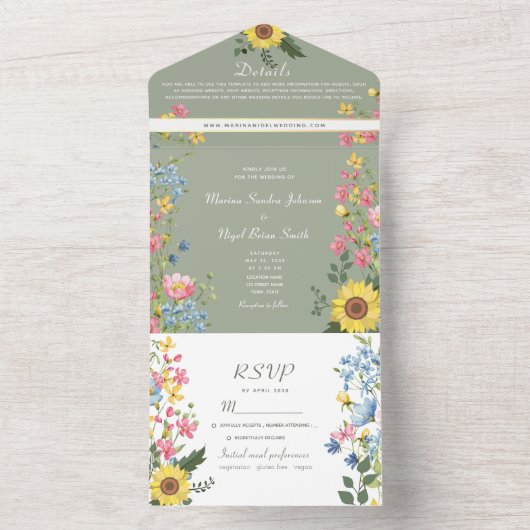 Rustikale blumenfarbene Hochzeit All In One Einladung (Innen Boden)