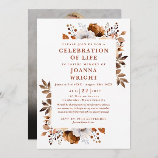 Rustikale Blumenfeier zum Foto der Lebensbeerdigun Einladung (Vorne/Hinten)