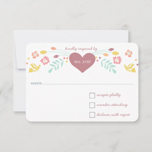 Rustikale Blumengarten Folk Art Marsala Hochzeit RSVP Karte (Vorderseite)