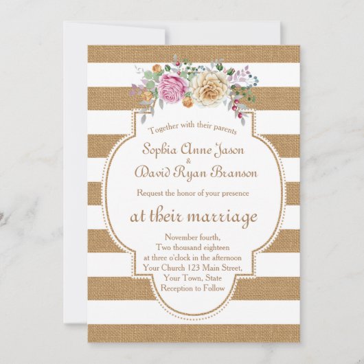 Rustikale, blumengeschmückte Burlap-Streifen zum H Einladung (Vorderseite)