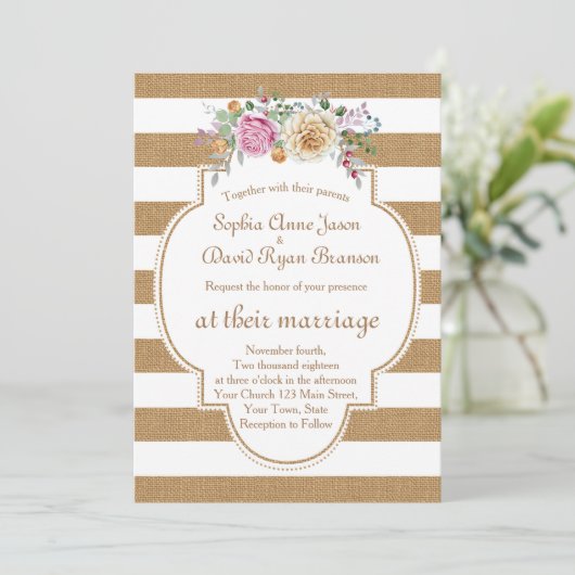 Rustikale, blumengeschmückte Burlap-Streifen zum H Einladung (Stehend Vorderseite)