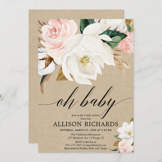 Rustikale, blumengeschmückte Mädchendusche, rot-we Einladung (Vorne/Hinten)