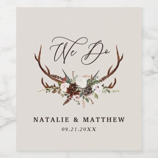 rustikale, blumengeschmückte personalisierte Hochz Weinetikett (Einzelnes Label)