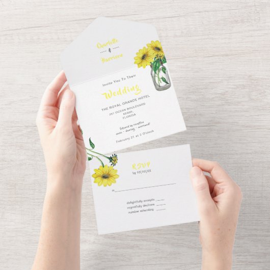 Rustikale, blumengeschmückte Sonnenblumenhochzeit All In One Einladung (Abreißen)