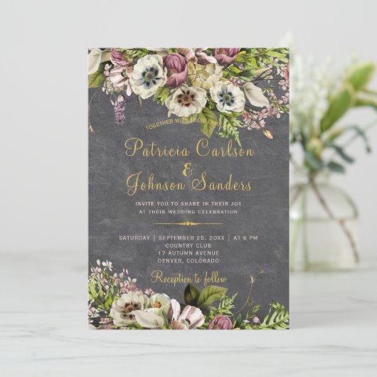 Rustikale, blumengoldgraue Hochzeit im Herbst Einladung (Stehend Vorderseite)