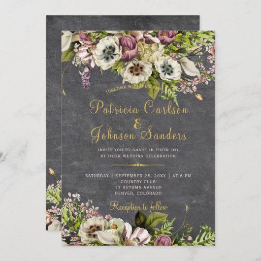 Rustikale, blumengoldgraue Hochzeit im Herbst Einladung (Vorne/Hinten)