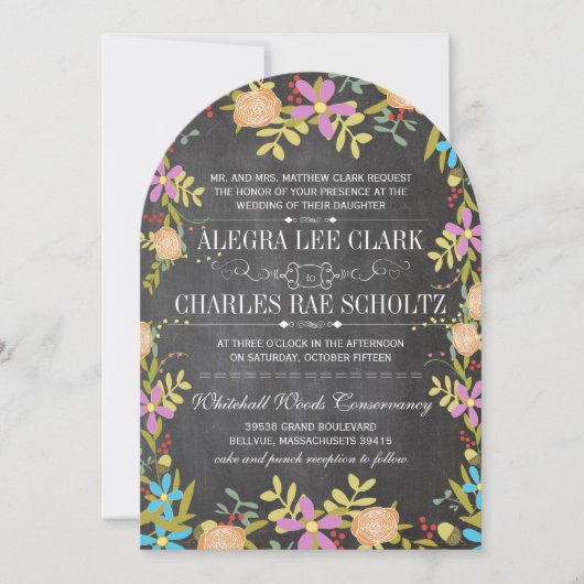 Rustikale Blumengrün Chalkboard Hochzeit Einladung (Vorderseite)