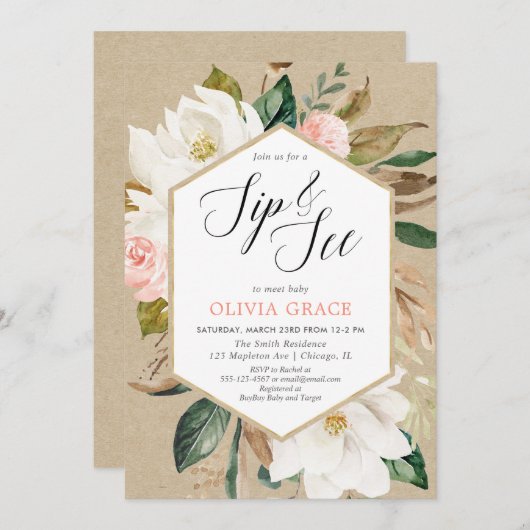 Rustikale Blumengrün treffen auf Mädchen Einladung (Vorne/Hinten)