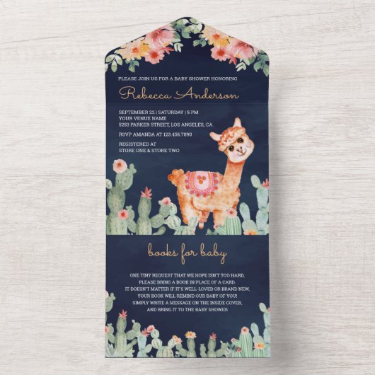 Rustikale Blumenkaktus Llama Navy Blue Baby Dusche All In One Einladung (Innen Boden)