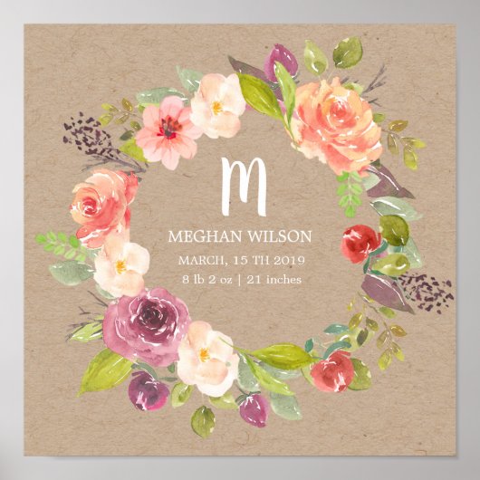 Rustikale Blumenkraft Personalisiert Baby Birth Po Poster (Vorne)