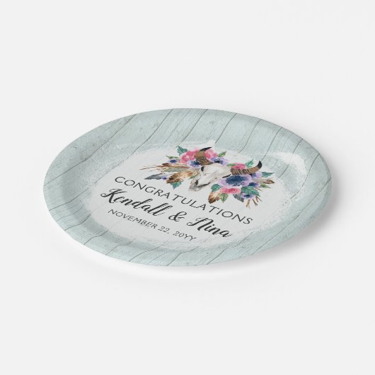 Rustikale Blumenkuh Skull Wassercolor Boho Hochzei Pappteller (Schrägansicht)