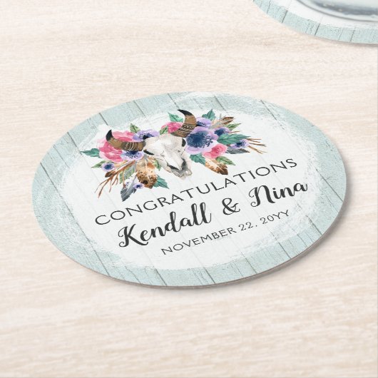 Rustikale Blumenkuh Skull Wassercolor Boho Hochzei Runder Pappuntersetzer (Angewinkelt)