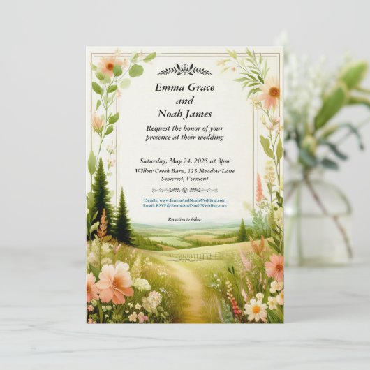 Rustikale Blumenlandschaft Hochzeit Einladung (Stehend Vorderseite)