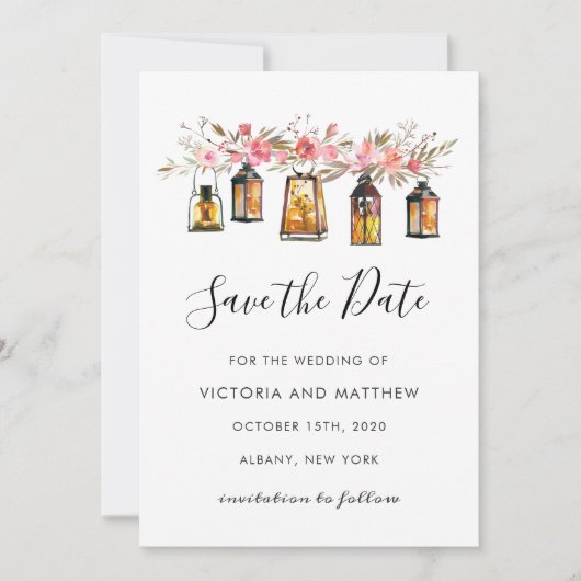 Rustikale Blumenlaternen-Hochzeit Save the Date (Vorderseite)