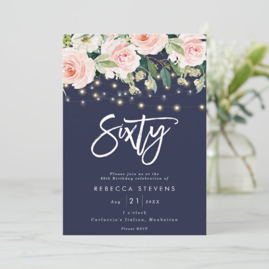 Rustikale Blumenmarine 60. Geburtstag Einladung (Stehend Vorderseite)