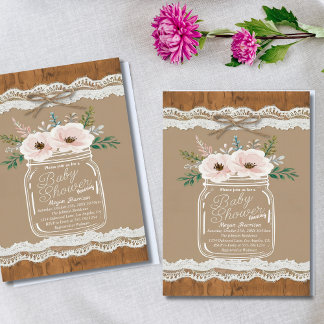 Rustikale Blumenmason Jar Lace & Twine Baby Dusche Einladung