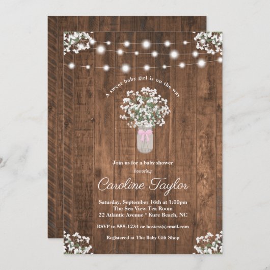 Rustikale Blumenmason Jar Lights Baby Girl Dusche Einladung (Vorne/Hinten)